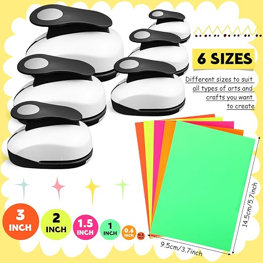 CHENGU 6 Pcs Circle Punch Set 3in/2in/1.5in/1in/0.6in/0.3in Scrapbook Hole Punchers Crafting with 10 Sticker Paper Round Cutter Scrapbook for Office Supplies DIY Albums Photos(Black)