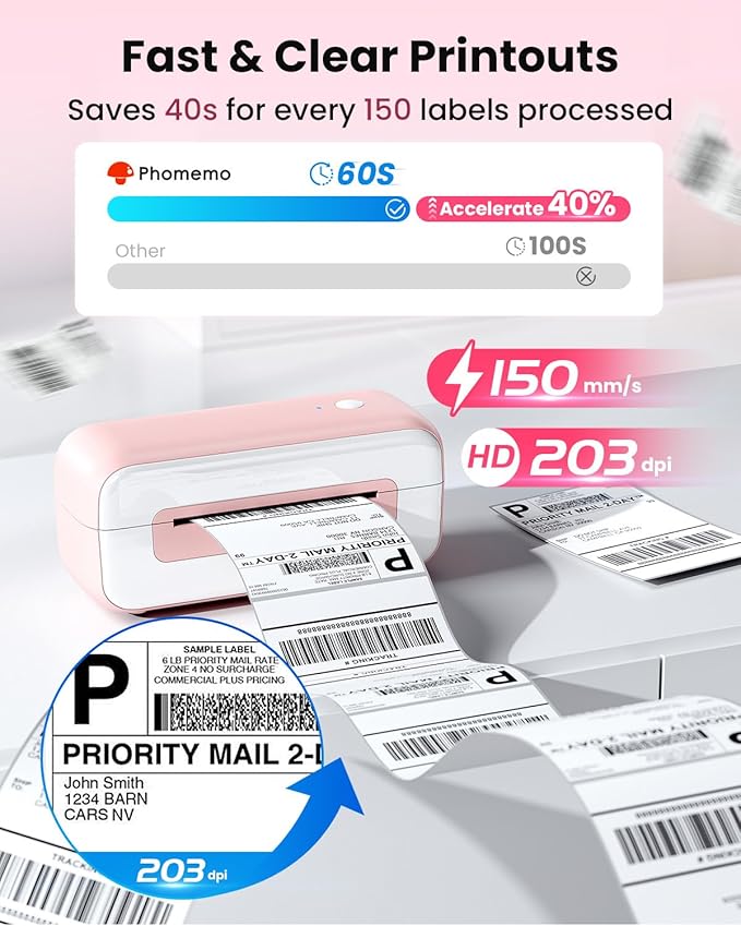Phomemo Shipping Label Printer- Bluetooth Thermal Label Printer 4x6 for Small Business, Compatible with iPhone Android Windows Mac, Fast Inkless Printing for Amazon Shopify USPS FedEx - Pink