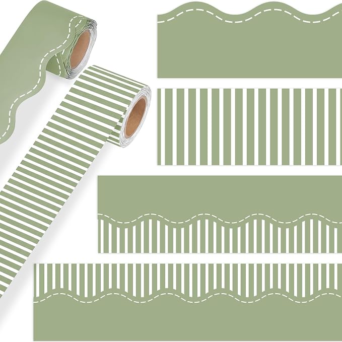 2 Rolls 65.6ft Sage Green Striped Bulletin Board Borders Decoration Scalloped and Straight Edge Greene Bulletin Borders Board Trim for Office School Classroom Chalkboard Party Decoration