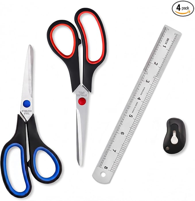 Office Scissors 8 Inch 2 Pack, All Purpose Sharp with Ruler & Knife Set | Ergonomic soft grip handles & heavy duty stainless steel blades, designed for craft, fabric, school, desk & everyday cutting