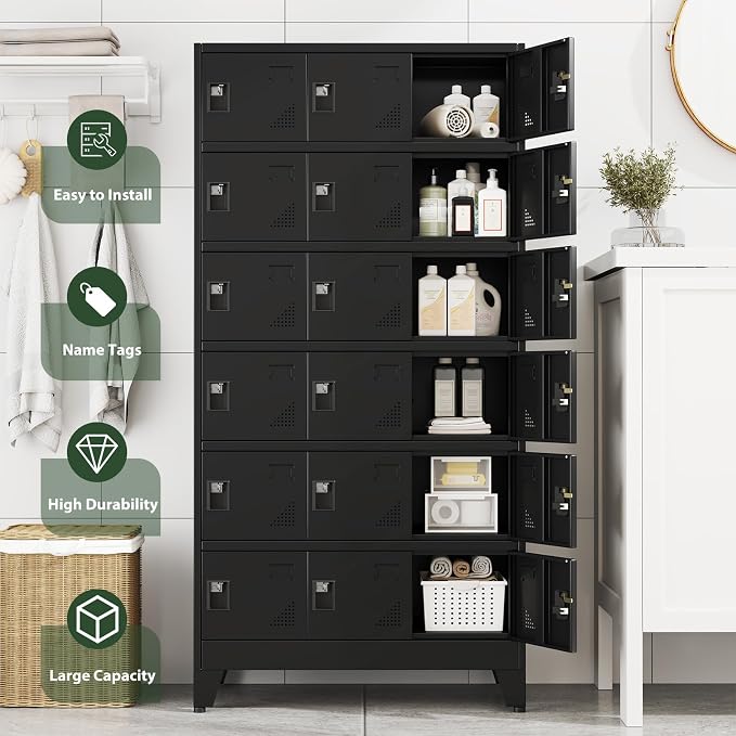 Metal Lockers for Employees-18 Doors Storage Locker with Shelves and Lockable Steel Cabinet for School,Gym,Office,Staff,Assembly Required,Black