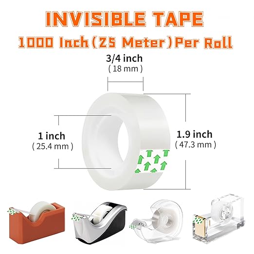 Transparent Tape Refills, 3/4-Inch x 1000 inch Clear Tape, 1 inch Core, Clear Tape Refill Rolls for Gift Wrapping, Home, School Office Supplies (16)