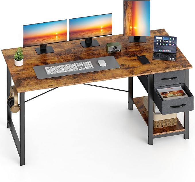 Sweetcrispy 47-Inch Computer Desk with Drawers, Office Desk, Brown | Small Desk for Bedroom Home Office with Side Hook, Modern Simple Desk with Storage for Writing