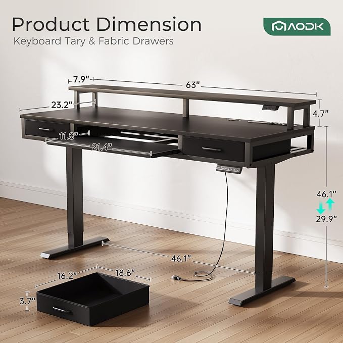 AODK 63 Inch Electric Standing Desk with Drawers & Keyboard Tray, Black | Power Outlet, LED Lights, Monitor Stand, Cable Management Tray, 3 Memory Heights, 29.9"-46.1" in Range