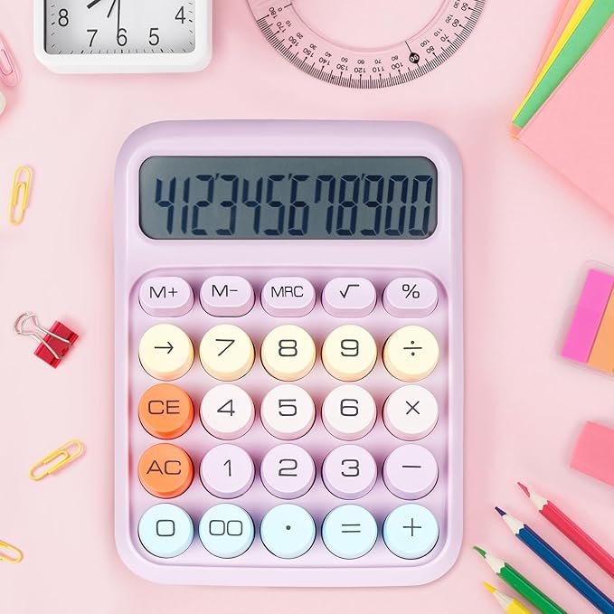 Mechanical Switch Calculator with Big Buttons, Calculators Desktop, 12 Digits, Large LCD Display, Desk Calculator, Cute Pink Calculators for Teachers Students Basic Office (Purple)