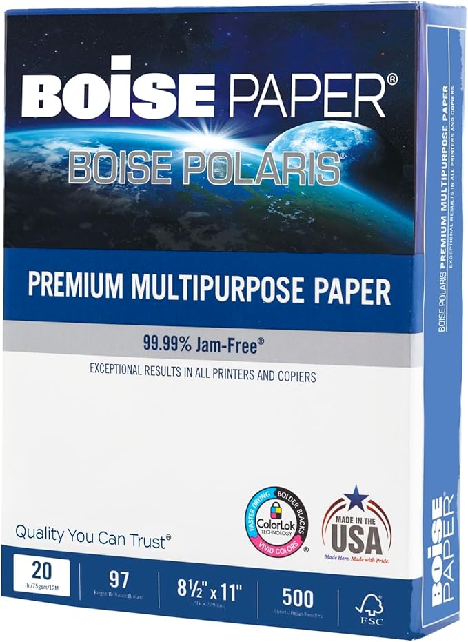 Boise POLARIS Premium Multi-Use Printer & Copy Paper, 10 Reams, White, Letter (8.5inx11in), 5000 Sheets Per Case, 20 Lb, 97 Brightness, FSC Certified