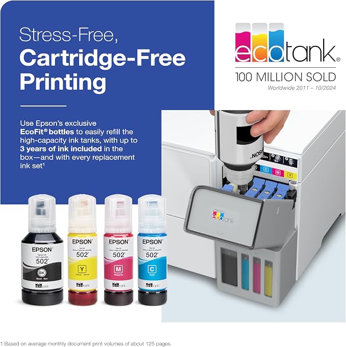Epson EcoTank ET-2988 Wireless All-in-One Color Supertank Printer with up to 3 Years of Ink, Refillable Tanks, Perfect for Home, 15 PPM, 1.44" Color Screen, Auto 2-Sided Printing (Renewed)