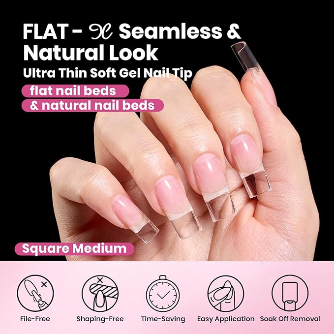 Beetles Gel Nail Tips Flat-X- Square Medium, 320pcs 16 Sizes(00-14), Pre-Etched Half Matte Full Cover Soft Gel Nail Tips, Clear Press on False Nail Extension Acrylic Fake Nails, Easy DIY Salon Art