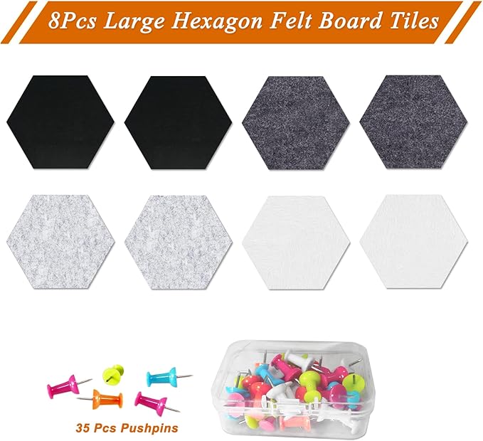 Large Hexagon Felt Cork Board Tiles, Self Adhesive DIY Felt Bulletin Board Pin Board with 35 Pushpins for Office School Home Wall Decor(Black+Deep Grey+Light Grey)