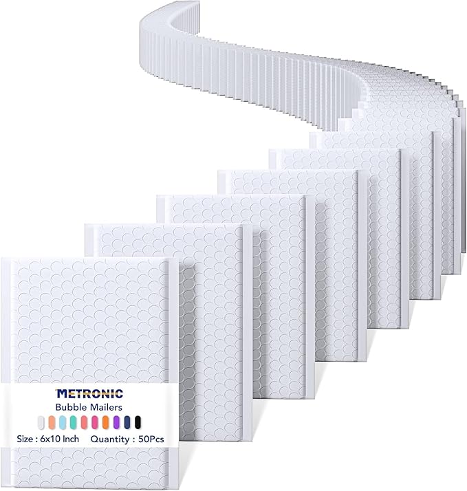 Metronic Bubble Mailers 6x10 50Pack, Self-Seal & Waterproof Bubble Mailer, Padded Envelopes, Mailers Padded for Shipping, Packaging for Business, White Usable Size 6x9