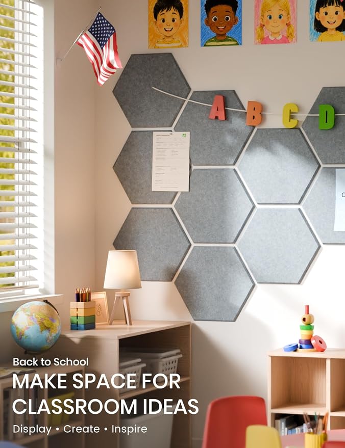 Fluxynara 8-Pack Hexagon Felt Bulletin Board Tiles, Blue Gray-1 | Cork Board Alternative with 50 Adhesive Tabs for Notes, Photos and Reminders in Home Offices, Dorm and Classrooms