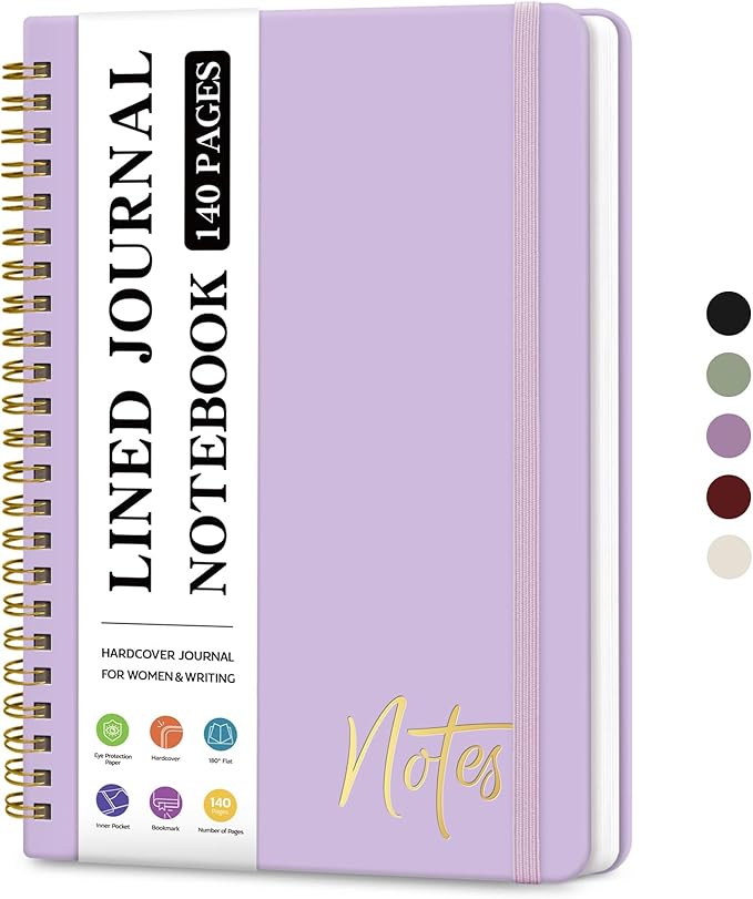 Lined Spiral Journal Notebook for Women, A5 College Ruled Journals for Writing, Hardcover Notebooks for Work, Note taking and Office School Supplies,140 Pages - Lilac Purple
