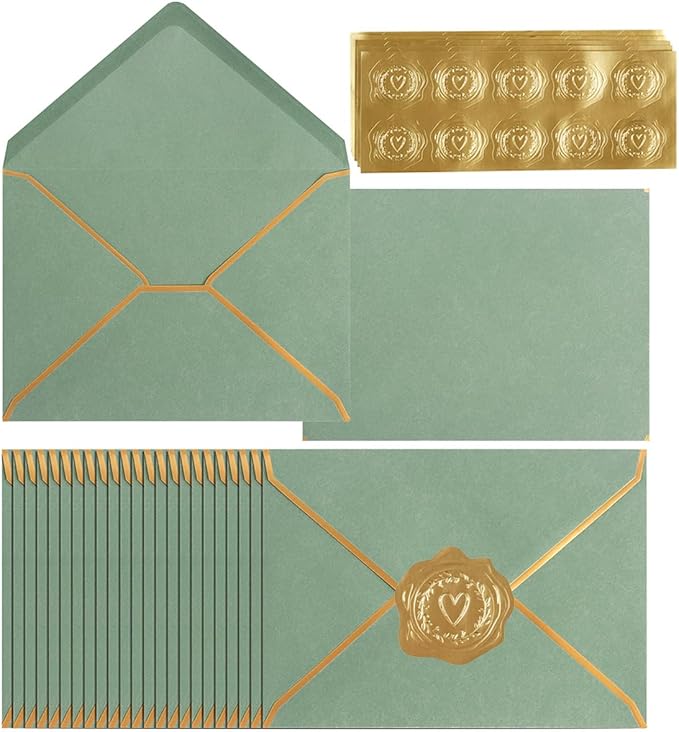 100 Pack A7 Envelopes 5 x 7 Card Envelopes V Flap with Gold Border for Office, Wedding Gift Cards, Invitations, Graduation, Baby Shower, Parties (Sage-Green, 5.32 x 7.28 Inches)