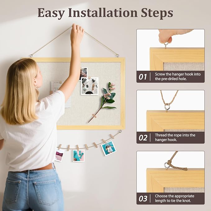 DOLLAR BOSS Bulletin Boards with Linen, 24"x18" Cork Board, Natural Wood | Double-Sided Corkboards for Walls, Decorative Pin Board, Photo Display, For Office Home School Dorm, 10 Pushpins 10 Clips
