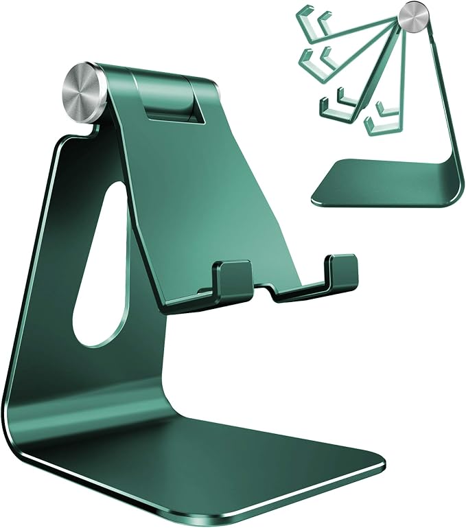 CreaDream Aluminum Cell Phone Stand, Adjustable Phone Holder for Desk | Adjustable Viewing Angle, Desktop Stand, Stable Base, Fits iPhone 17 16 15 14 13 Pro Max Desk Accessories, Midnight Green