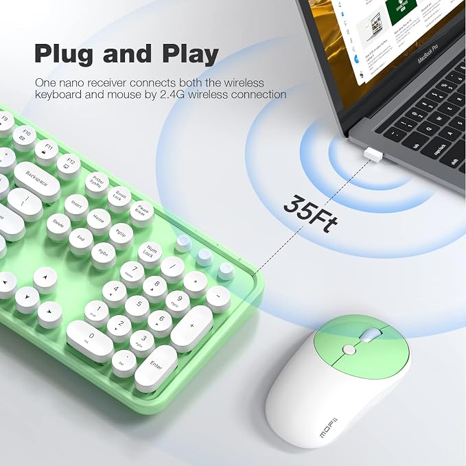 MOFII Wireless Keyboard and Mouse Combo, 2.4GHz Full Size Typewriter Keyboard Round Keys, USB Receiver for Laptop, PC, Desktop, Windows (Green White)