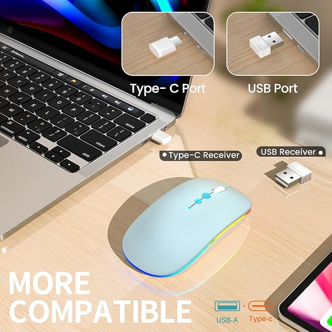 LED Wireless Mouse A100S Rechargeable Portable Silent Mouse with Optional USB and Type-C Receiver 3-Speed Adjustable DPI for PC/Mac/Laptop (Frosted Blue)