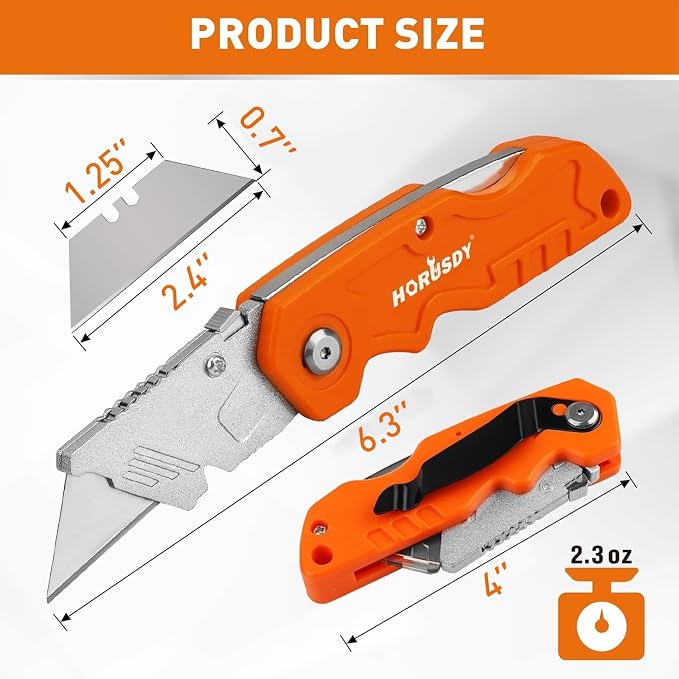 HORUSDY 4-Pack Folding Utility Knife Set, Heavy-Duty Box Cutters with 12 Extra Blades, Quick-Change Razor Knives with Color-Coded Handles (Green/Blue/Red/Orange) for Jobsite, Warehouse & Home Use