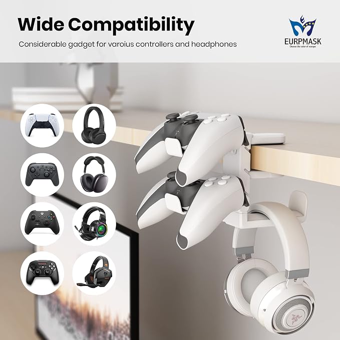EURPMASK 3-in-1 Rotating Headphone Stand w/2 Detachable Controller Holders | Adjustable Clamp-on Headset Holder Hanger,360°Swivel,Gaming Headset Hanger,Cable Organizer,Keep Headphones Secure&Desk Tidy