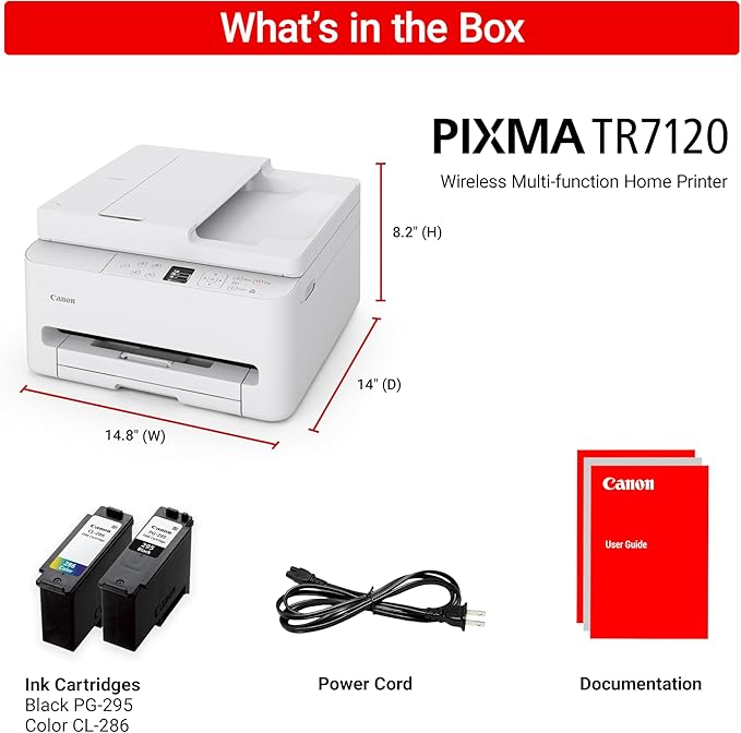 Canon PIXMA TR7120 Wireless Color Inkjet Printer for Duplex Printing, White – Home Printer with Copier/Scanner, Auto Document Feeder, Compact Design, Intuitive Control Panel