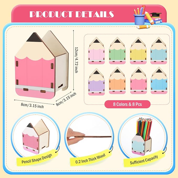 AWIZOM 8 Pcs Pencil Shaped Holders Wooden Pen Storage Dispenser Organizers | Wood Desktop Stationery Pot Bulk for Teacher Appreciation Gifts Classroom Back to School Office Desk Organization,8 Colors