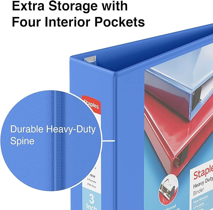 Staples Heavy-Duty 3-Inch D-Ring View Binder, Reinforced Spine, Holds Up to 600 Sheets, Periwinkle, for Office & School