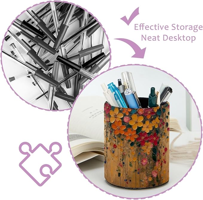 Leather Pen Holder for Desk, Hanging Floral Pencil Cup Pen Organizer Makeup Brush Holder for Office Home Kids Countertop Desk Accessory Storage
