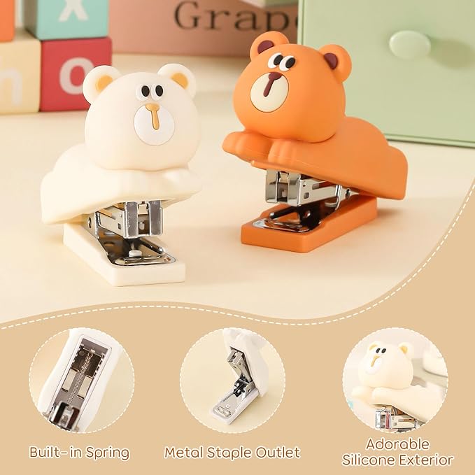 Honagu Mini Cute Animal Stapler with Staples, Cartoon Stereoscopic Silicone (PVC) Stapler, Labor-Saving Office Supplies for Students,Teachers, The First Day of School Gift for Girls(Milky White Bear)