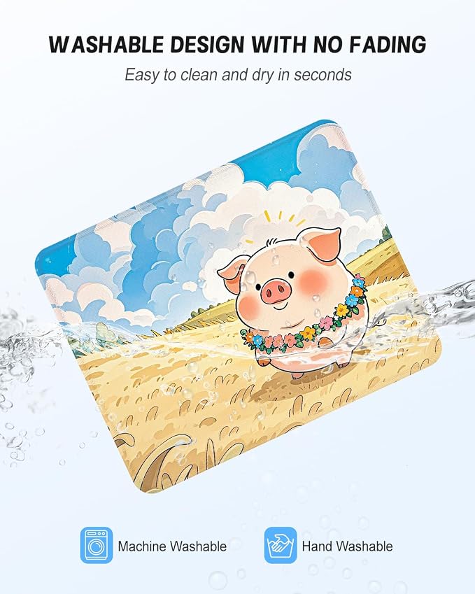 Mouse Pad, Cute Mouse Mat, 10" x 8", Flower Piggy | Square Waterproof Gaming Computer Mat, Textured Top, Stitched Edges, Non-Slip Rubber Base for Office Home Laptop Keyboard