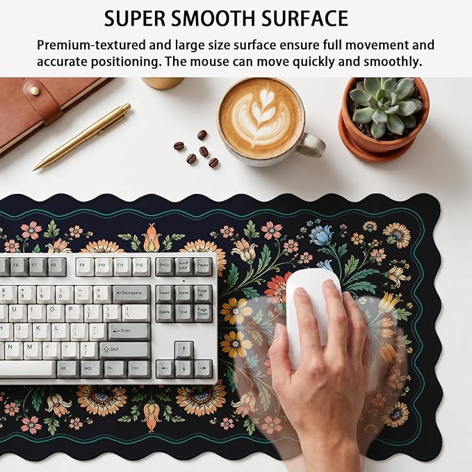 Floral Scalloped Mouse Pad Teal Peach Botanical Blue Wildflowers XL Mouse Pad Large Mousepad Extended Laptop Keyboard Mat Gaming Desk Pad Office Computer Keyboard Laptop Home 31.5"x15.7"