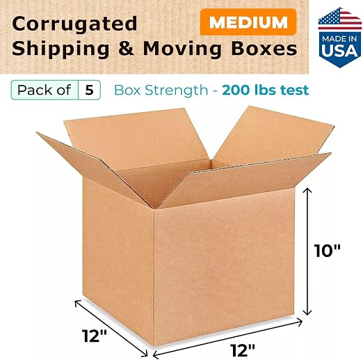 Medium Moving & Shipping Boxes 12 x 12 x 10 inches (5-Pack) - Extra Strength 200 lb vs Regular - Corrugated Durable Boxes for Packaging - Carton Box for USPS/FedEx - Medium Box by IDL Packaging | Extra Strength 200 lb vs Regular - Corrugated Durable Bo...