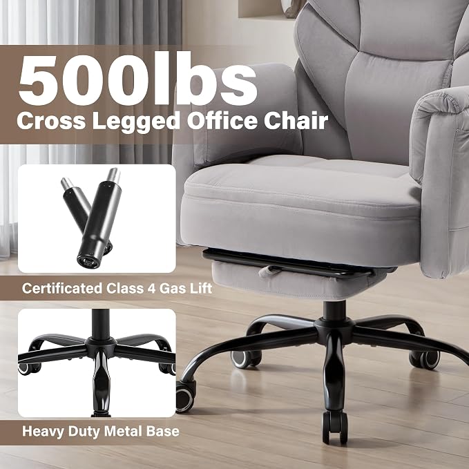 Big and Tall Office Chair, Reclining High Back Criss Cross Desk Chair | Footrest, Foldable Arms, Soft Wide Pet Seat, Thick Padded, Cross Legged Home Office Large Ergonomic Computer Chair