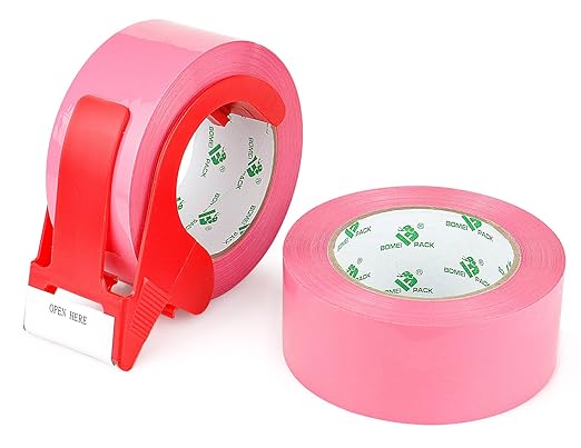BOMEI PACK Pink Packing Tape with Dispenser, 2.4 Mil 1.88 Inch x 110 Yards, 2 Refills Rolls Color Box Tape for Moving, Shipping and Packaging