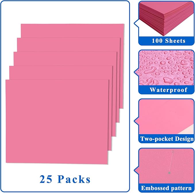 Zzrywuty File Folders with Pockets Letter Size 25-Pack Paper Folders with Card Slot,Pink Two Pocket Folders for School Students,Businessmen,Home and Office Workers