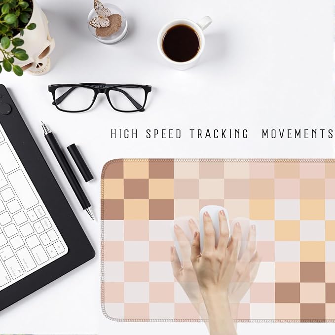 Checkered Boho Desk Mat Beige Pink Mouse Pad XXL Pastel Retro Large Mouse Pad with Stitched Edges, Keyboard Pad Mouse Mat for Computer Aesthetic Office Decor Desk Matt for Desktop 31.5 X 15.7In