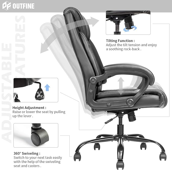 OUTFINE Office Chair Executive Office Chair Desk Chair Computer Chair with 5-Year hydrolysis-Resistant Leather Spring Cushion Ergonomic Support Tilting Function Upholstered in Bonded Leather Black | Spring cushion comfort, 5-year leather. BIFMA sturdy,...