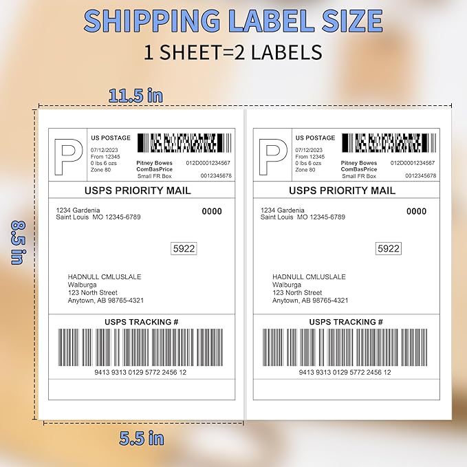 Half Sheet Shipping Labels 8.5x5.5 Inches, FungLam Half Page Labels, 8.5”x11” Self Adhesive Shipping Labels for Laser&Inkjet Printers, White Mailing Address Labels, 2 Labels Per Sheet, 100 Labels.