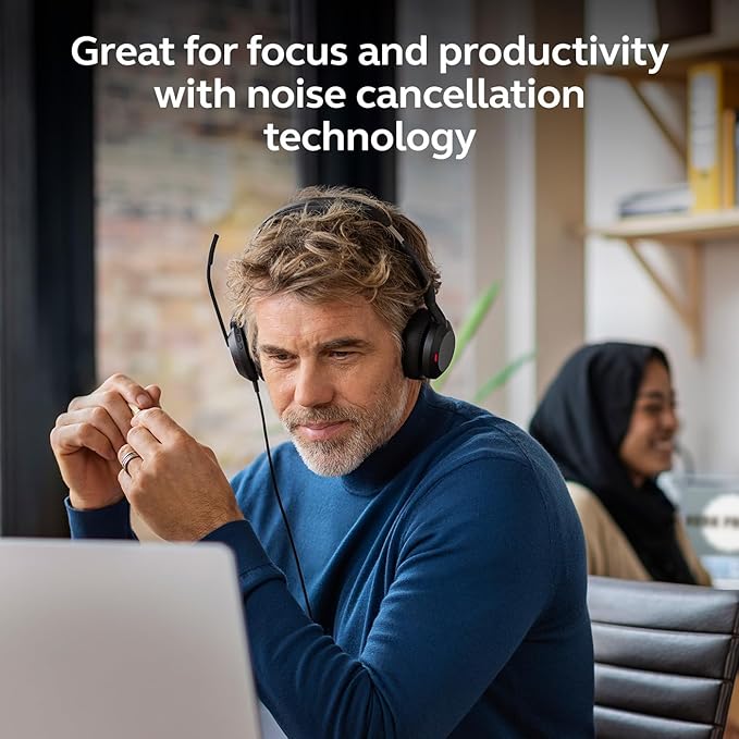 Jabra Evolve2 50 Wired Dual-Ear Headset - Noise Cancelling Headphones, Bluetooth Headset for Work with Noise Cancelling Microphones, Goes with Online Meeting Platforms Like Microsoft Teams, Black