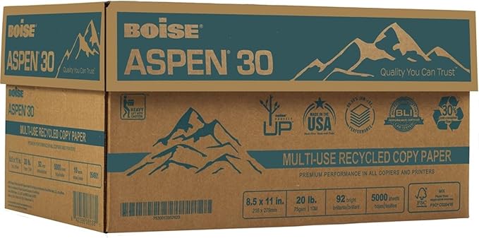 Boise ASPEN 30 Multi-Use Printer & Copy Paper, 10 Reams, White, Letter Size, 5000 Sheets Per Case- 054901-CTN