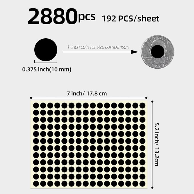 3/8" Small Colored Dot Stickers 2880 PCS Round Circle Stickers Tiny Black Coding Labels Mini Sticker for Office,Classroom (Black, 3/8" (10 mm))