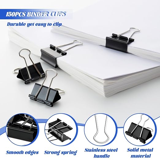 150pcs Binder Clips 1.25 Inches Medium Binder Office Clamps Black Paper Clips and Binder Clip Bulk for Office Supplies, Home, School (Medium)