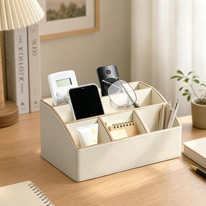 TV Remote Control Holder,Mail Organizer Countertop,Office Supplies Storage | PU Leather Modern 5-Slot Bedside Table Desktop Caddy for Pen/Pencil, Eyewear, Makeup Brushes, Desk Accessories, Home Decor