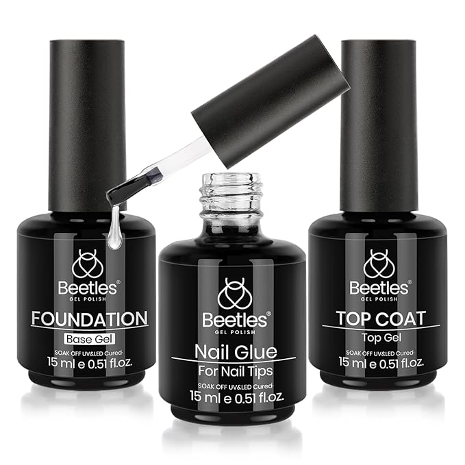Beetles Top Coat Base Gel & Nail Glue Set-3Pcs No Wipe Top Coat Gel Nail Polish & Base Coat with 9 In 1 Nail Glue Shine Effect Long Lasting Soak Off Uv Light Lamp Diy Nail Gifts for Women & Girls