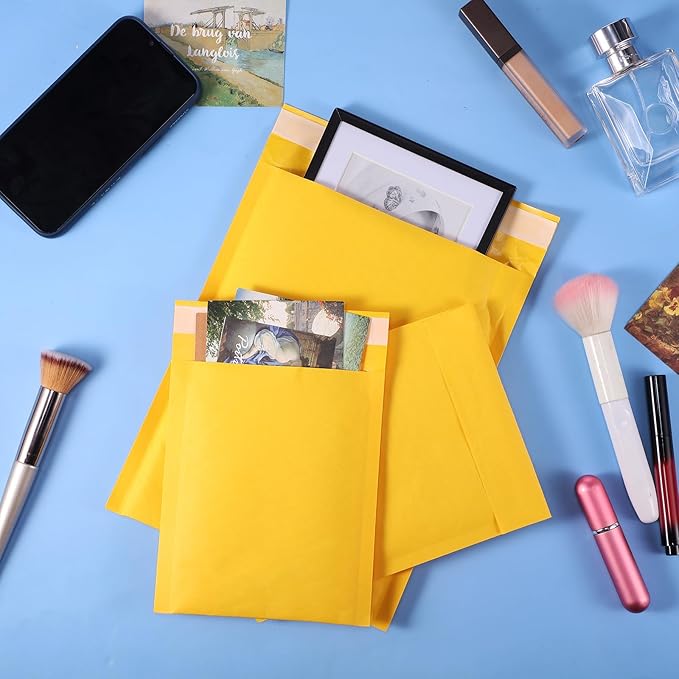 100 Pcs Kraft Bubble Mailers 3 Size Padded Envelopes Kraft Poly Mailers Bubble Lined Shipping Envelopes Mail Shipping Bags for CDs Book Business Supplies (Yellow)