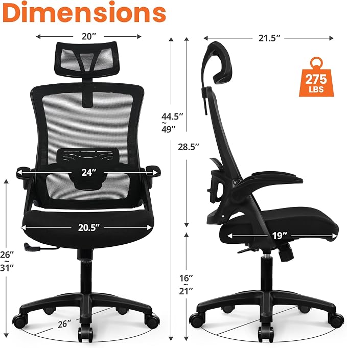 NEO CHAIR Office Desk Chair with Ergonomic High Back Mesh Headrest, Black | Adjustable Headrest and Lumbar Support with Flip-Up Armrests Designed for Extended Sitting Comfort While Saving Space