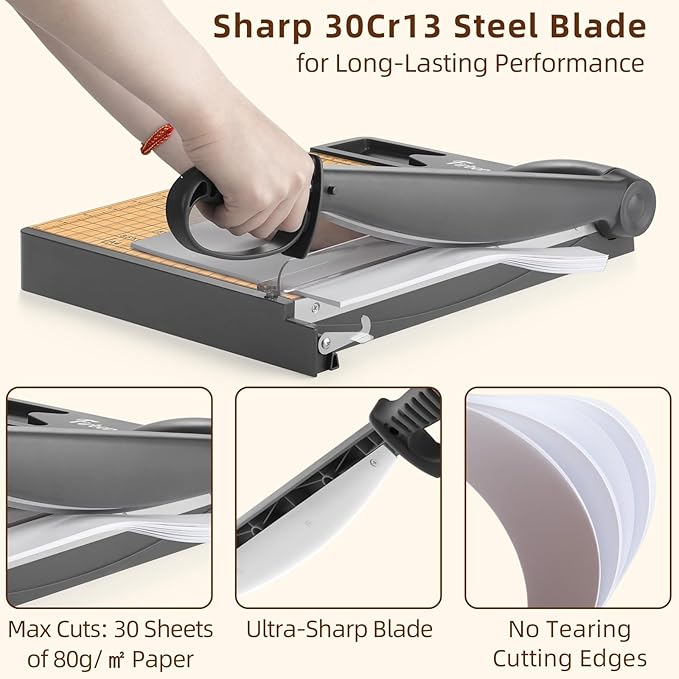 Firbon 12-Inch Wood Base Guillotine Paper Cutter, Heavy Duty 30-Sheet Capacity Precision Paper Trimmer for Cardstock, Photos, A4 Paper, Office & Classroom