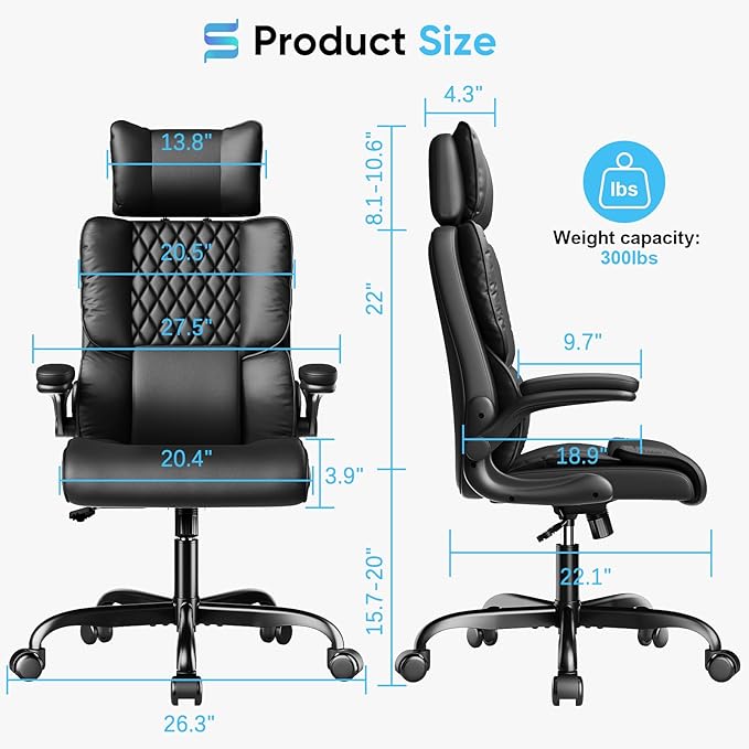 Sytas Executive Office Ergonomic Chair with Adjustable Headrest, PU Leather Desk Chair, High-Back Swivel Task Chair for Home Office, 135° Reclining, Black