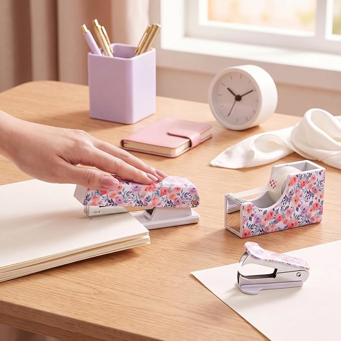 Eaasty Floral Stapler and Tape Dispenser Set for Women, Rose | Cute Office Supplies Set with 2 Tape Rolls, Staple Remover and 1000pcs 24/6 Staples, Teacher Desk Accessories for Women