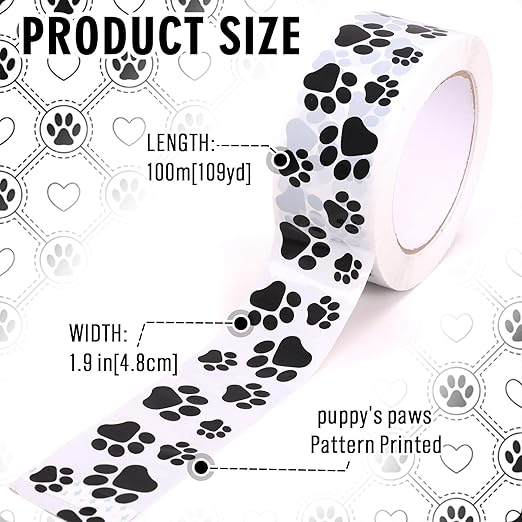 Whaline 109 Yard Dog Paw Packing Tape Waterproof Shipping Tape White Black Pet Paw Gift Wrapping Tapes for Small Business DIY Crafts Box Carton Decor