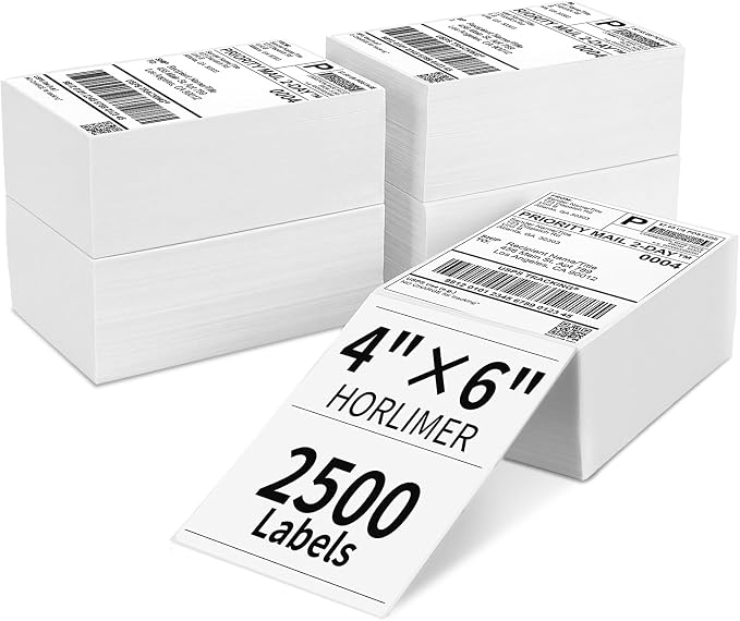 HORLIMER 4x6 Thermal Labels, 2500 Pcs Shipping Paper Labels in 5 Stacks | White Fanfold Perforated Sticker Labels with Strong Adhesive